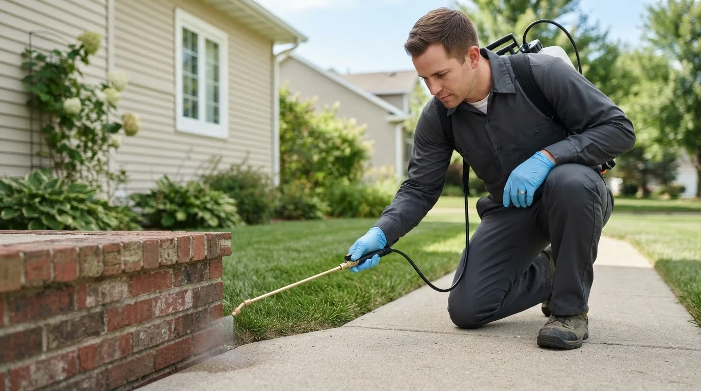 Pest control technician treating a home near Ashburn, VA